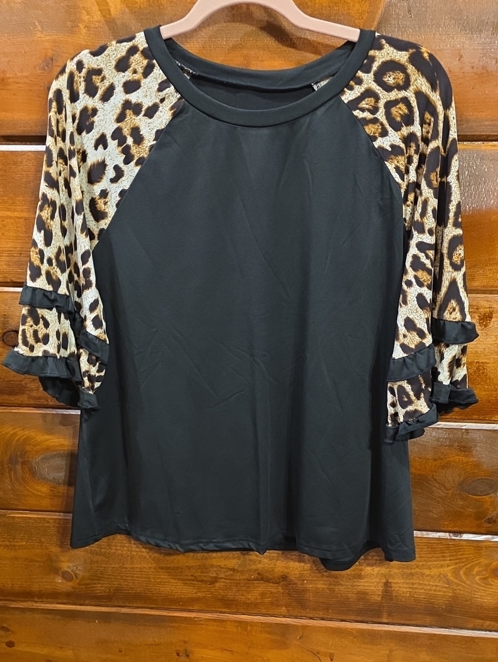 Black Top with Leopard Print Ruffle Sleeves